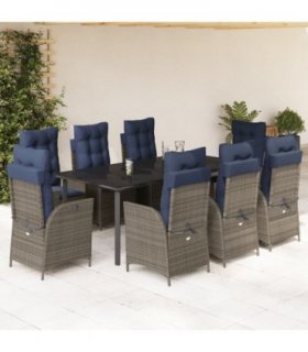 vidaXL 9 Piece Garden Dining Set with Cushions Grey Poly Rattan