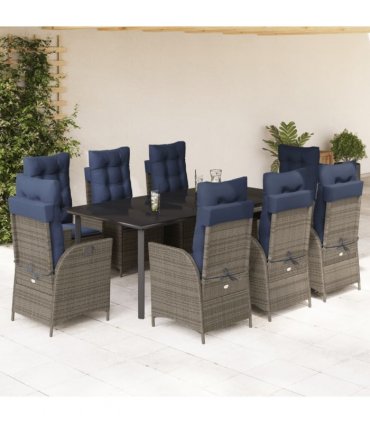 vidaXL 9 Piece Garden Dining Set with Cushions Grey Poly Rattan