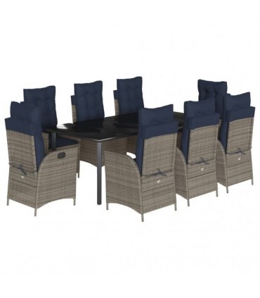 vidaXL 9 Piece Garden Dining Set with Cushions Grey Poly Rattan