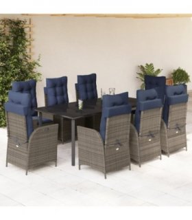 vidaXL 9 Piece Garden Dining Set with Cushions Grey Poly Rattan