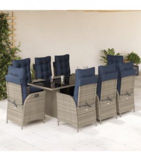 vidaXL 9 Piece Garden Dining Set with Cushions Grey Poly Rattan