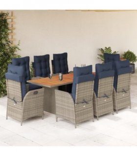 vidaXL 9 Piece Garden Dining Set with Cushions Grey Poly Rattan