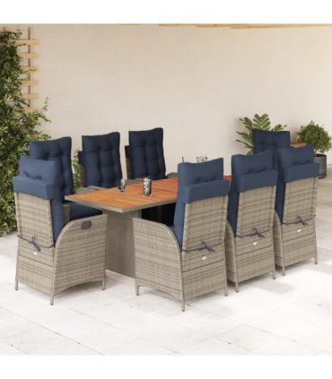 vidaXL 9 Piece Garden Dining Set with Cushions Grey Poly Rattan