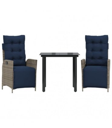vidaXL 3 Piece Garden Dining Set with Cushions Grey Poly Rattan