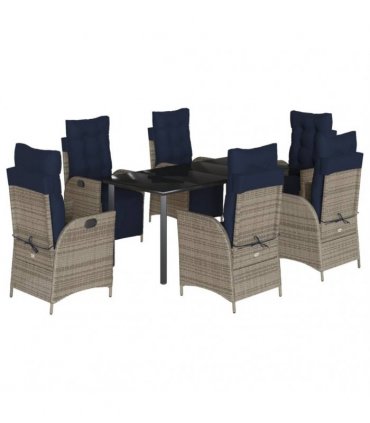 vidaXL 7 Piece Garden Dining Set with Cushions Grey Poly Rattan
