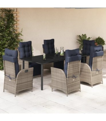 vidaXL 7 Piece Garden Dining Set with Cushions Grey Poly Rattan