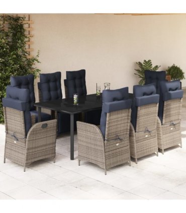 vidaXL 9 Piece Garden Dining Set with Cushions Grey Poly Rattan