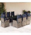 vidaXL 9 Piece Garden Dining Set with Cushions Grey Poly Rattan