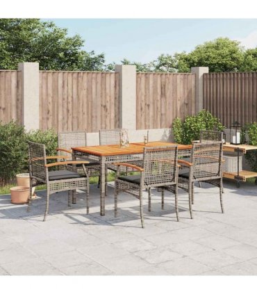 vidaXL 7 Piece Garden Dining Set with Cushions Grey Poly Rattan