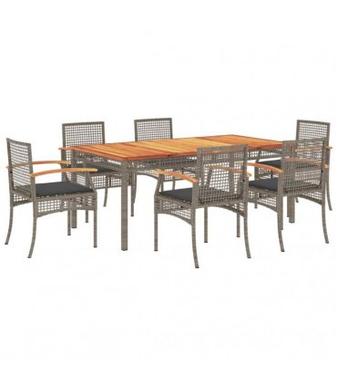 vidaXL 7 Piece Garden Dining Set with Cushions Grey Poly Rattan