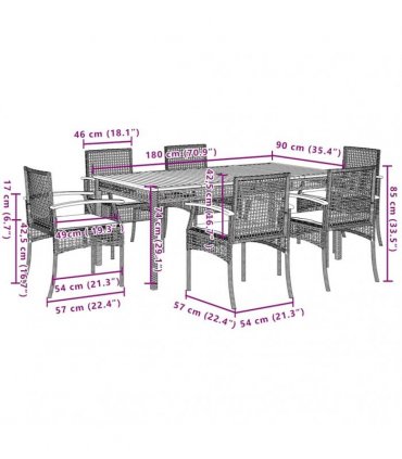 vidaXL 7 Piece Garden Dining Set with Cushions Grey Poly Rattan