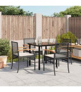 vidaXL 5 Piece Garden Dining Set with Cushions Black Poly Rattan