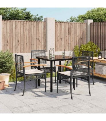 vidaXL 5 Piece Garden Dining Set with Cushions Black Poly Rattan