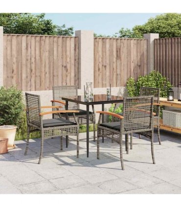 vidaXL 5 Piece Garden Dining Set with Cushions Grey Poly Rattan