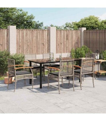 vidaXL 7 Piece Garden Dining Set with Cushions Grey Poly Rattan