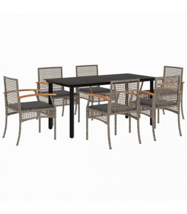 vidaXL 7 Piece Garden Dining Set with Cushions Grey Poly Rattan