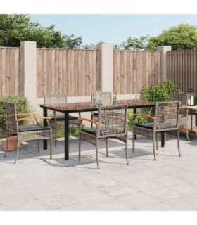 vidaXL 7 Piece Garden Dining Set with Cushions Grey Poly Rattan