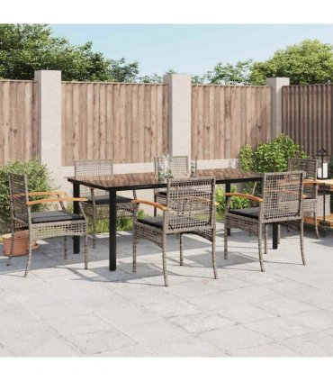 vidaXL 7 Piece Garden Dining Set with Cushions Grey Poly Rattan