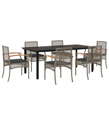 vidaXL 7 Piece Garden Dining Set with Cushions Grey Poly Rattan
