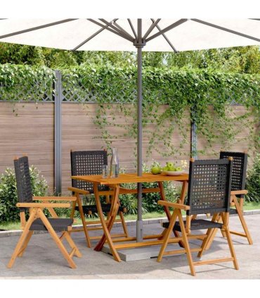 vidaXL Reclining Folding Chairs 4 pcs Black Poly Rattan and Solid Wood