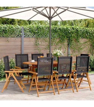 vidaXL Reclining Folding Chairs 8 pcs Black Poly Rattan and Solid Wood