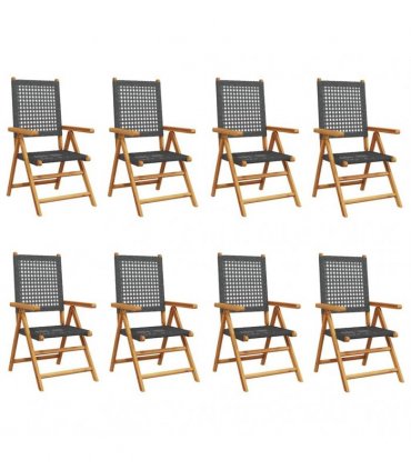 vidaXL Reclining Folding Chairs 8 pcs Black Poly Rattan and Solid Wood