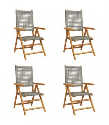 vidaXL Reclining Folding Chairs 4 pcs Grey Poly Rattan and Solid Wood