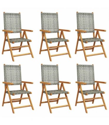 vidaXL Reclining Folding Chairs 6 pcs Grey Poly Rattan and Solid Wood