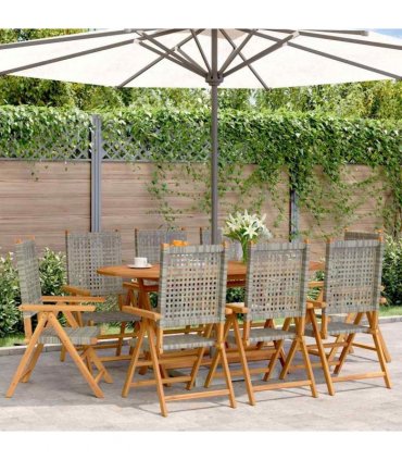 vidaXL Reclining Folding Chairs 8 pcs Grey Poly Rattan and Solid Wood
