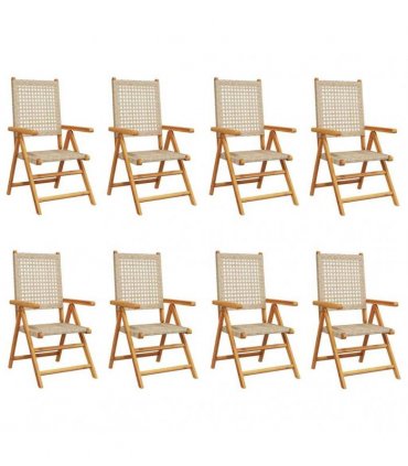 vidaXL Reclining Folding Chairs 8 pcs Beige Poly Rattan and Solid Wood