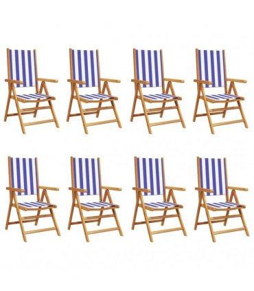 vidaXL Reclining Folding Chairs 8 pcs Blue and White Fabric&Solid Wood