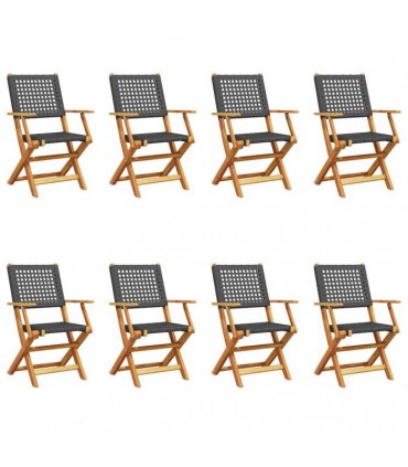 vidaXL Folding Chairs 8 pcs Black Poly Rattan and Solid Wood
