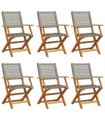 vidaXL Folding Chairs 6 pcs Grey Poly Rattan and Solid Wood