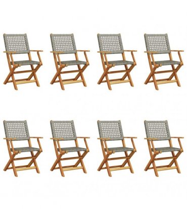 vidaXL Folding Chairs 8 pcs Grey Poly Rattan and Solid Wood
