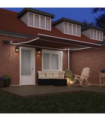 vidaXL Manual Awning with Solar LED 4 x 3 m Brown 100% Polyester