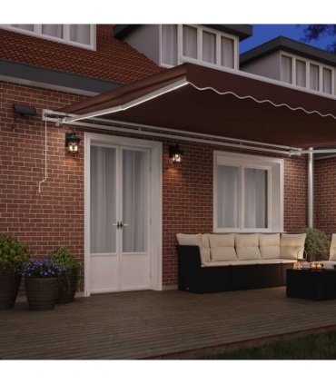 vidaXL Manual Awning with Solar LED 5 x 3 m Brown 100% Polyester
