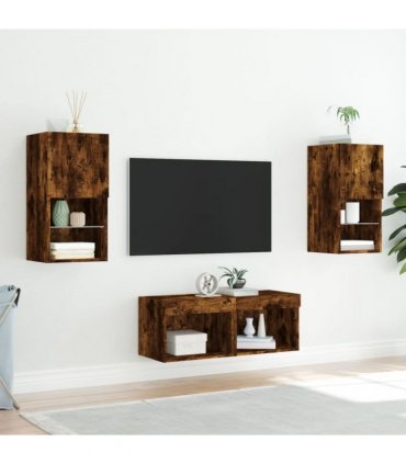 vidaXL 4 Piece TV Wall Cabinets with LED Lights Smoked Oak