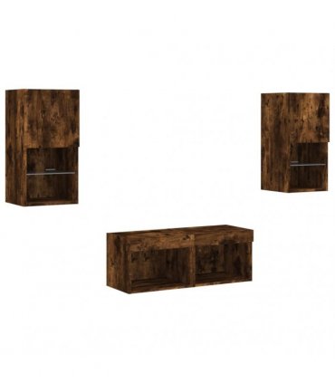 vidaXL 4 Piece TV Wall Cabinets with LED Lights Smoked Oak