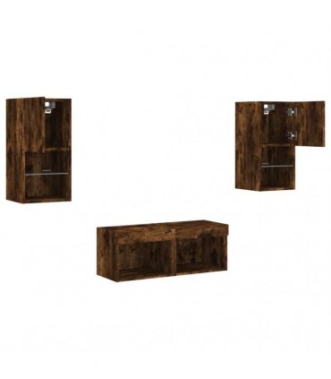vidaXL 4 Piece TV Wall Cabinets with LED Lights Smoked Oak