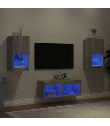 vidaXL 4 Piece TV Wall Cabinets with LED Lights Grey Sonoma
