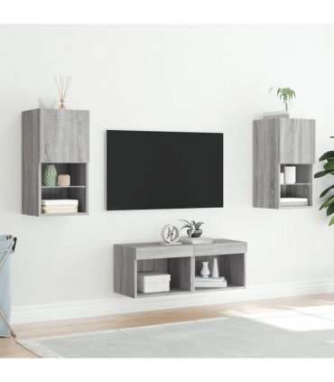 vidaXL 4 Piece TV Wall Cabinets with LED Lights Grey Sonoma