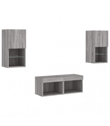 vidaXL 4 Piece TV Wall Cabinets with LED Lights Grey Sonoma