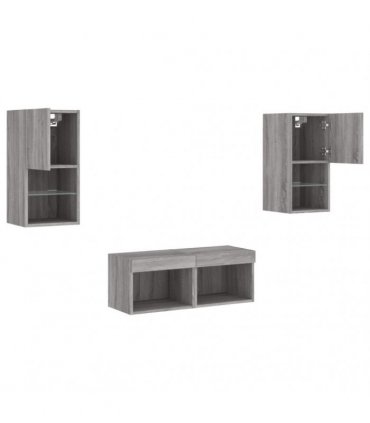 vidaXL 4 Piece TV Wall Cabinets with LED Lights Grey Sonoma