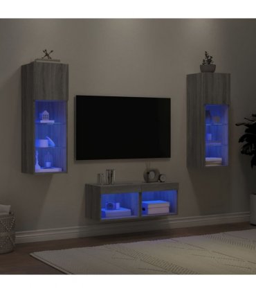 vidaXL 4 Piece TV Wall Cabinets with LED Lights Grey Sonoma