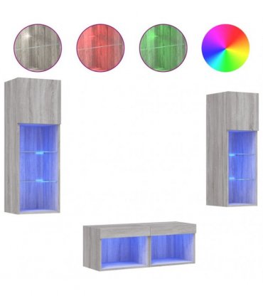 vidaXL 4 Piece TV Wall Cabinets with LED Lights Grey Sonoma