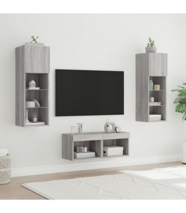 vidaXL 4 Piece TV Wall Cabinets with LED Lights Grey Sonoma