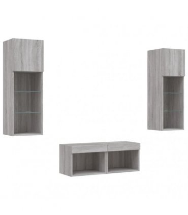 vidaXL 4 Piece TV Wall Cabinets with LED Lights Grey Sonoma