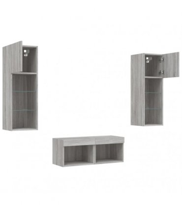 vidaXL 4 Piece TV Wall Cabinets with LED Lights Grey Sonoma
