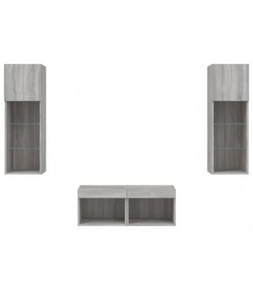 vidaXL 4 Piece TV Wall Cabinets with LED Lights Grey Sonoma