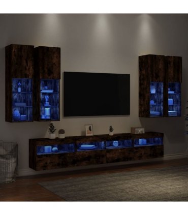 vidaXL 7 Piece TV Wall Cabinet Set with LED Lights Smoked Oak
